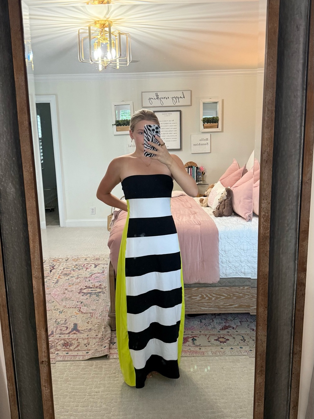 Susana Monaco Black, White & Neon Yellow Strapless Maxi Dress